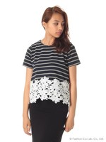 リップルボーダー裾モチーフレースT　3/コンボーダー