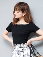 無地オフショルトップス/ブラック