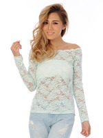 総レースオフショルトップス/BLACK