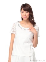 袖レースビジューカットソー/ブラック