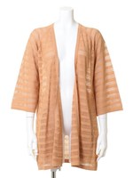 透かし無地ボーダー柄トッパーカーディガン/キャメル