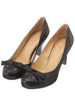 【本革】【低反発スポンジ入り】リボン付きスタックヒールパンプス/ブラック