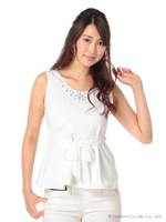 ビジューリボンぺプラムトップス/ホワイト