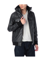 リブ切り替えレザータッチブルゾン/ブラック(019)