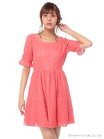 袖リボン5分袖レースOP/チェリーピンク