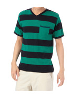 ワンポケット太幅ボーダーVネックニット/グリーン系(122)