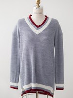 ストライプ Vネックニットセーター/スカイブルー