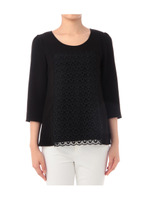 レース切り替え七分袖ブラウス/ブラック(519)