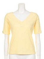 袖ビジューVネックリブトップス/イエロー
