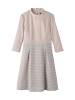 ７分袖スタンドカラー千鳥柄ワンピース/グレー系(412)