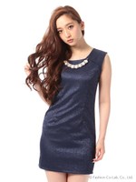 ビッグパールネックレス付タイトワンピース/ネイビー