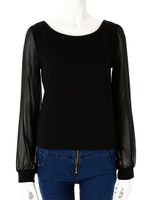 袖シフォン切替トップス/ブラック