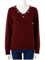 クリアビジュー付きVネックニット/ボルドー