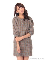 【dazzlin】チェック5分袖コクーンワンピース/カーキ