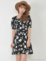 フラワーフレアワンピース/グレー