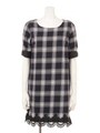 リボン袖レース切替チェックワンピース/ネイビー