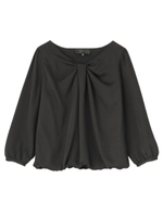 リボン風デザイン七分袖サテンブラウス/ネイビー(093)