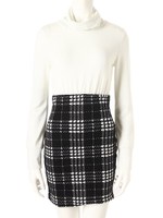 タートルネック千鳥柄切替ワンピース/ホワイト