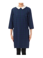 襟付きチェック七分袖ワンピース/ブルー系(223)