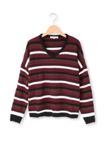 マルチボーダーVネックニット/レッド(362)