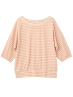 ラメボーダー七分袖カットソー/ピンク(372)