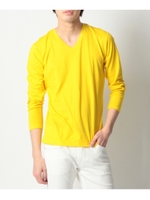 Vネックコットン長袖Tシャツ/イエロー(032)