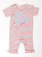 お花と刺繍ライクなボーダー前開きロンパース/レッド