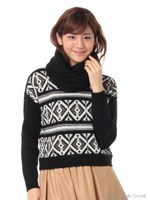 スヌード付きフェアアイル柄ニット/オレンジ