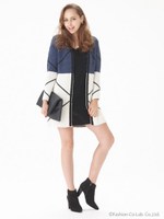 バイカラーラインニットカーデ/NVY