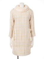 ファー衿ミックスツイードサックワンピース/オフホワイト