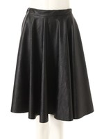 フェイクレザーフレアミディスカート/ブラック
