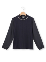 パールつきリブニット切り替えプルオーバー/ネイビー(093)