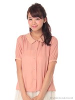 ふんわりバイカラー半袖ブラウス/ピンクベージュ