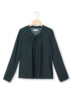 ボウタイつきVネックプリーツカットソー/ダークグリーン(023)