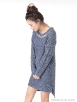 ・衿ビジューブークレニットワンピース/Blue