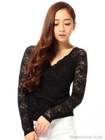 スカラレースVネックトップス/ブラック