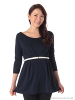 細ベルト付きタックフレアチュニック/ホワイト