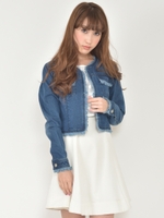 ノーカラーフリンジデニムジャケット/ライトブルー