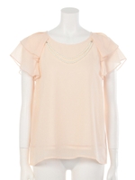 パールネックレス付ラッフルスリーブブラウス/ピーチ(P)