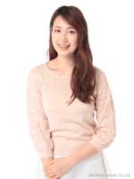 フラワー刺繍袖ニット/ベージュ