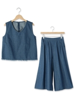 裾フリンジ+ガウチョセットアップ/ブルー(092)