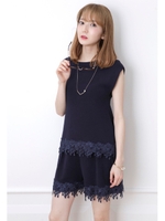 裾レーストップス×パンツセットアップ（ニット+パンツSET） 【完売間近！】/ホワイト