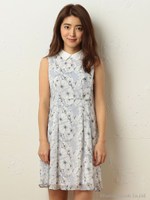 襟付き花柄ワンピース/ブルー