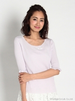 フラワービジューワッフルレトロ袖ニット　2/ラベンダー