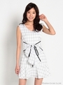 ウエストリボンチェック柄ワンピース/ホワイト