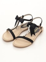 パールリボンフラットサンダル/クロ