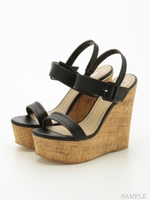 【R&E】コルクハイウェッジバックルサンダル/ブラック