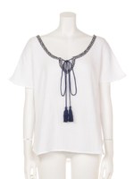 【Shelly island】タッセル付きコットン半袖ブラウス/ネイビー