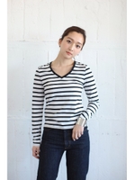 【AZUL by moussy】TC天竺BC切替スリットVネック長袖プルオーバー/KHA