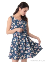 【sc】ベルト付フローラルボリュームワンピース/ネイビー